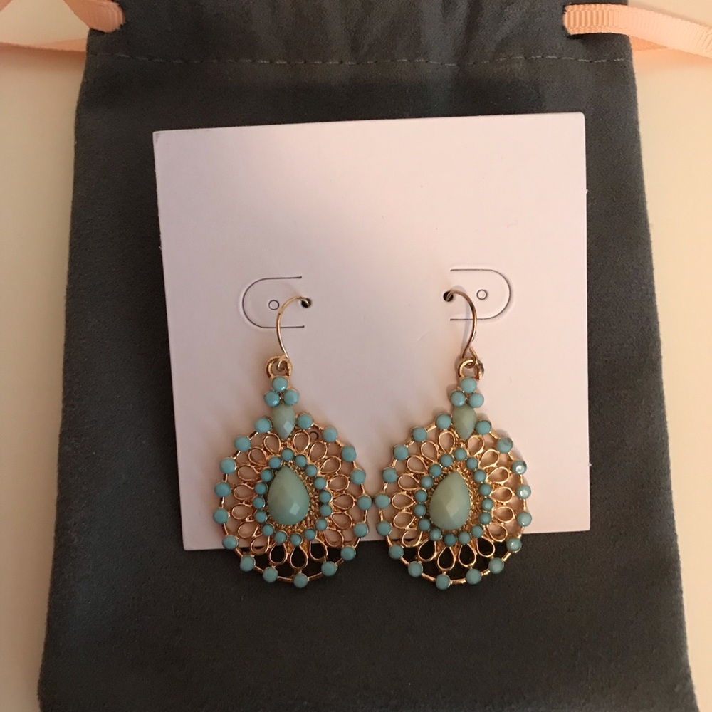 Teal and Gold dangle Earrings